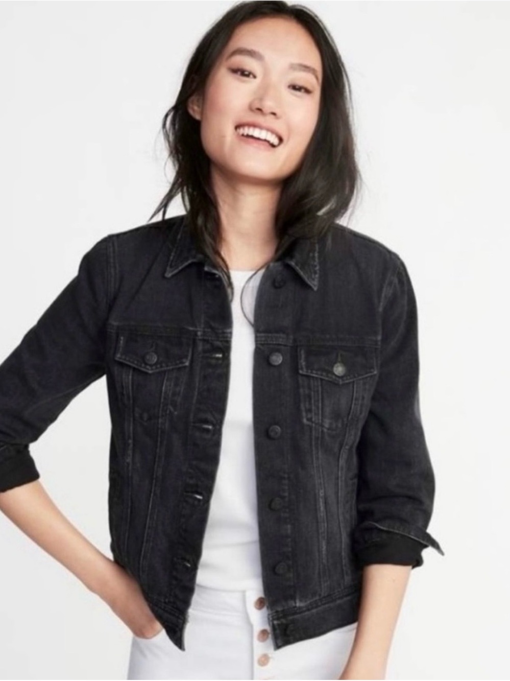 Old Navy Distressed Black Denim Jacket - Large